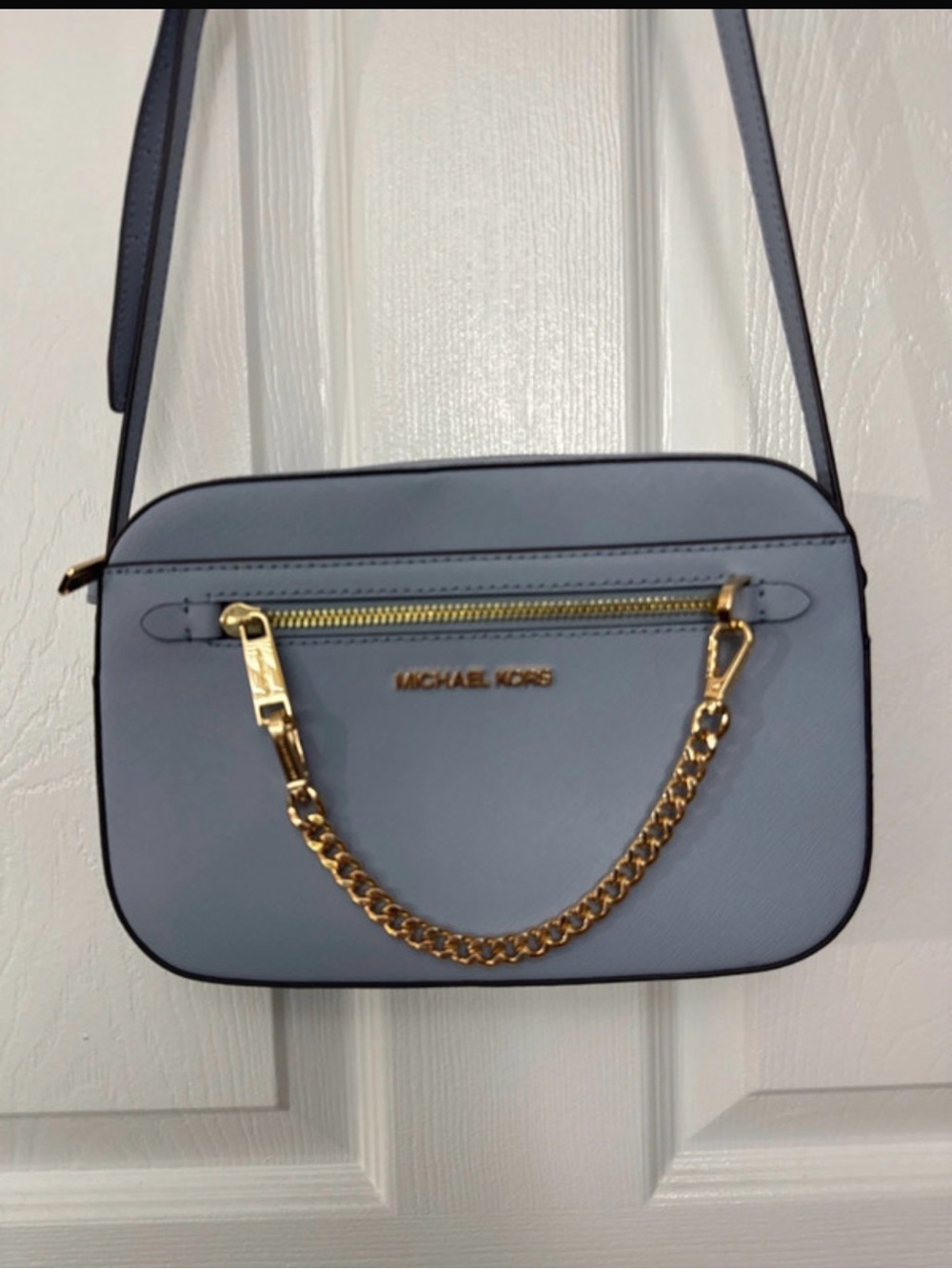Michael Kors Pale Blue Saffiano Crossbody with Gold Chain